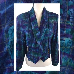 Vintage 90s Blue Watercolor Abstract Blazer Open Jacket Maren Petite Teal Purple